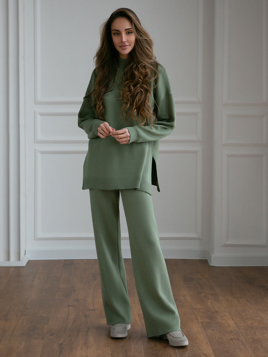 Bornladies Winter Thick Women Knitted Suits Soft 2 Pieces Sets Female half turtleneck Sweater & Wide Leg Pants Knitted Outfit