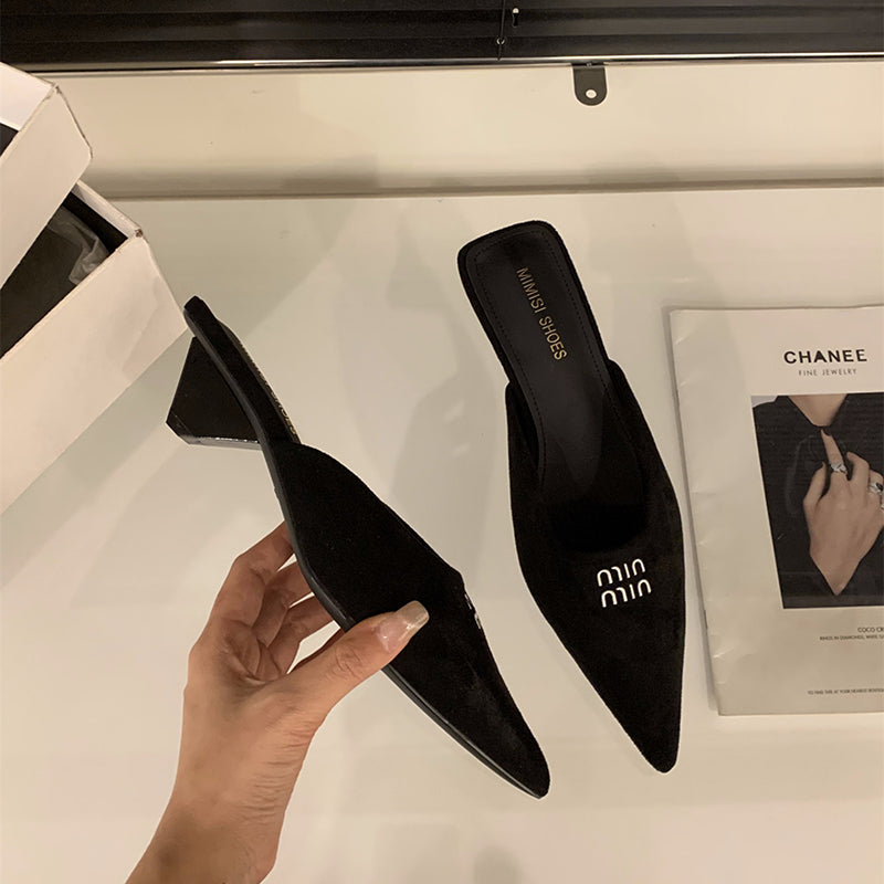 Pointed Toe Women Mules Slippers Shoes Fashion Shallow Slip On Slides Design Style Low Heels Banquet Party Sandals Shoes.