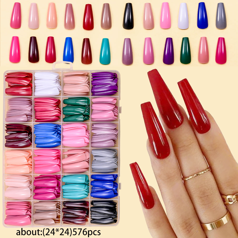 576Pcs Medium-Long Coffin Press-On Nails 💅 | Matte Full Cover False Nails