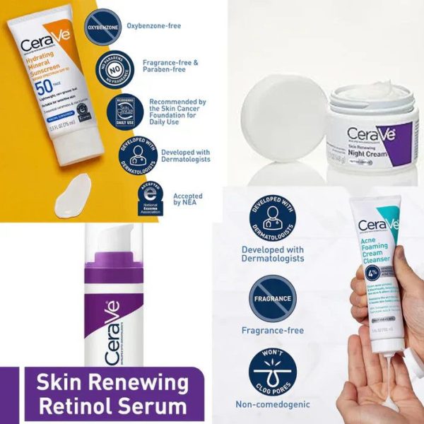 Cerave 4 In 1 Skincare Kit Night Cream, Sunblock, Cleanser & Serum For Radiant Skin.