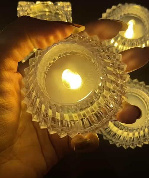 Smokeless & Flameless Led Tealight Acrylic Decorative Tea Light Candles For Home Decor, Gifting, Birthday, Festival Decoration (crystal Diamond Diya Candle, Pack Of 1) (cell Operated).